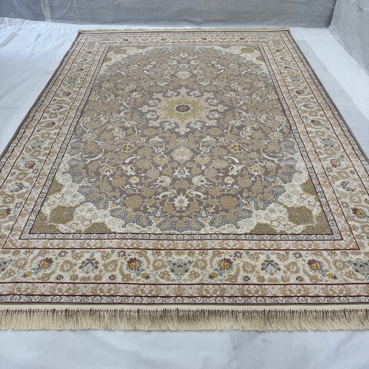 Persian Silk Rug 8 ft x 11 ft | Beheshti Tabriz 1200 Reeds | Cream & Gold Medallion Design
