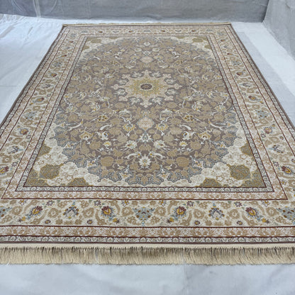 Persian Silk Rug 8 ft x 11 ft | Beheshti Tabriz 1200 Reeds | Cream & Gold Medallion Design