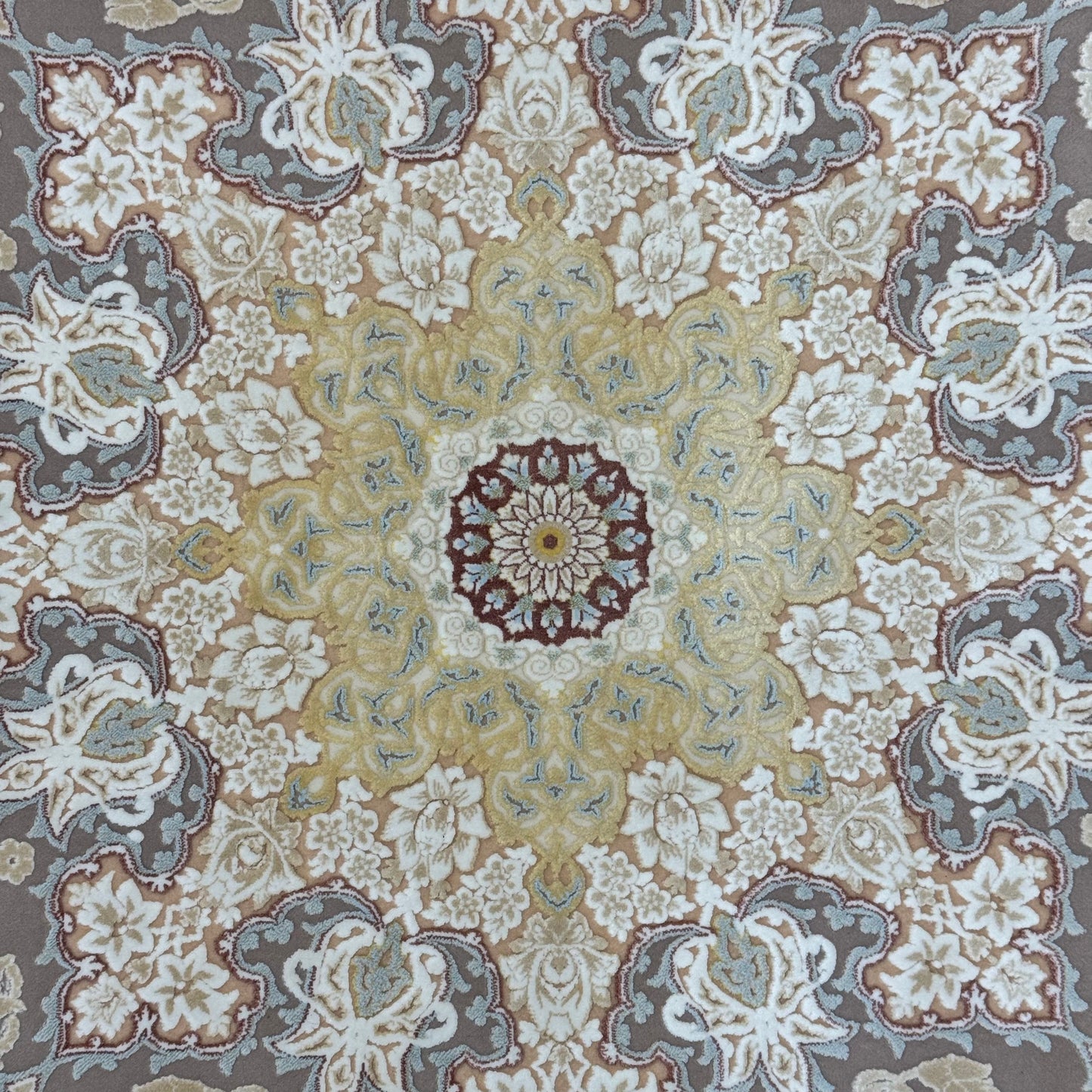 Persian Silk Rug 8 ft x 11 ft | Beheshti Tabriz 1200 Reeds | Cream & Gold Medallion Design