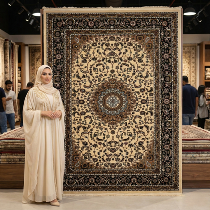 Exquisite Turkish Garnet Area Rug - 7 ft x 10 ft, Timeless Beige and Black Floral Design