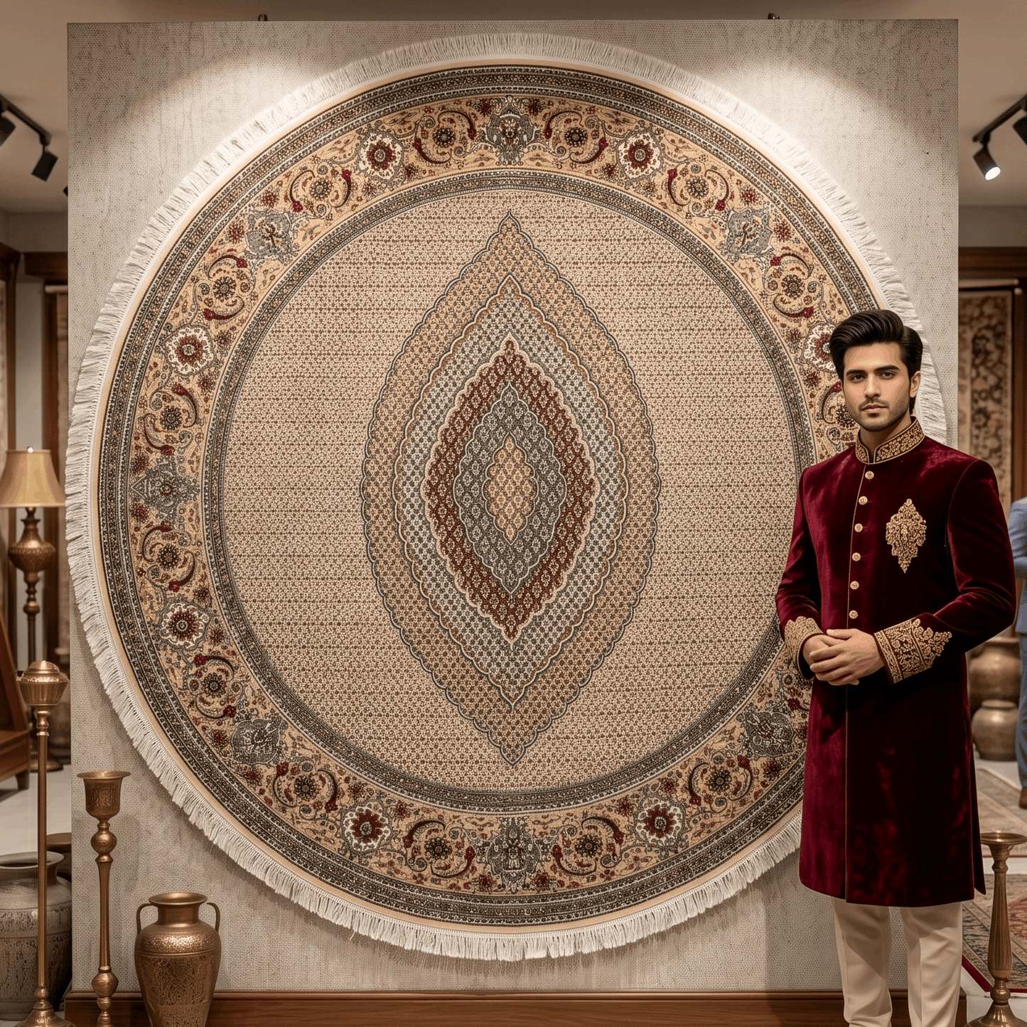 Persian Silk Round Rug 6.5 ft x 6.5 ft | Tabriz Medallion 1600 Reed