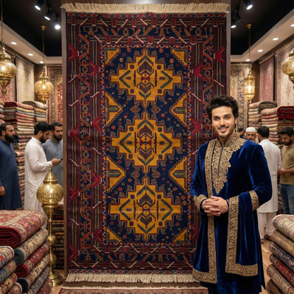 Authentic Baluchi 3 - 4 ft x 6 ft Handmade Wool Carpet - Red Wine and Gold - Timeless Beauty for Your Home