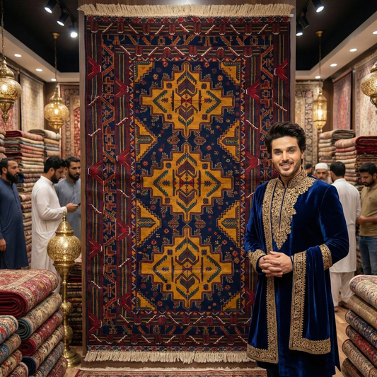 Authentic Baluchi 3 - 4 ft x 6 ft Handmade Wool Carpet - Red Wine and Gold - Timeless Beauty for Your Home