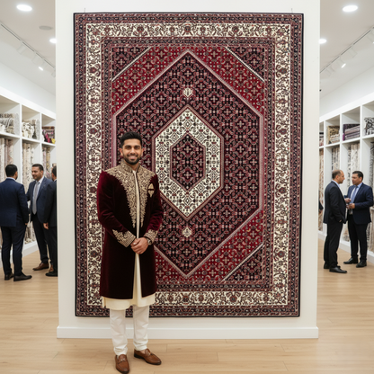 Exquisite Persian 5 ft x 8 ft Red & White Hexagon Design Rug - 1000 Reeds - Farsh Nagin Chaman Acrylic Machine Made