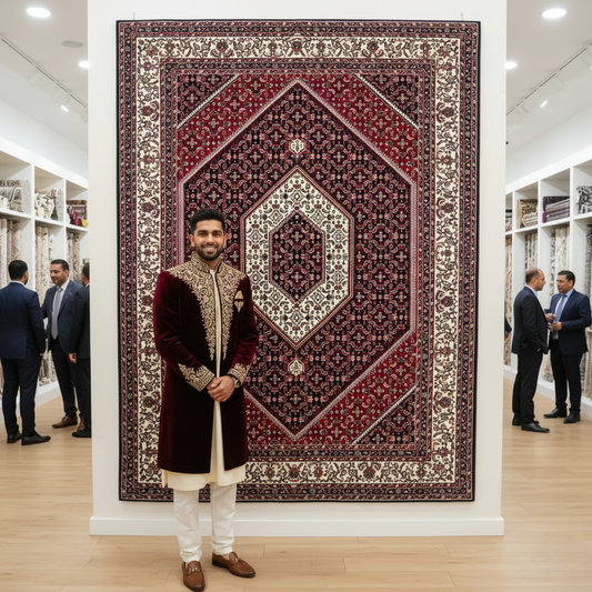 Exquisite Persian 5 ft x 8 ft Red & White Hexagon Design Rug - 1000 Reeds - Farsh Nagin Chaman Acrylic Machine Made