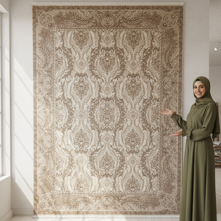 Persian Silk Rug 8 ft x 11 ft | Beheshti Tabriz 1200 Reeds | Cream & Taupe Elegance