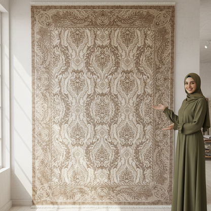 Persian Silk Rug 8 ft x 11 ft | Beheshti Tabriz 1200 Reeds | Cream & Taupe Elegance