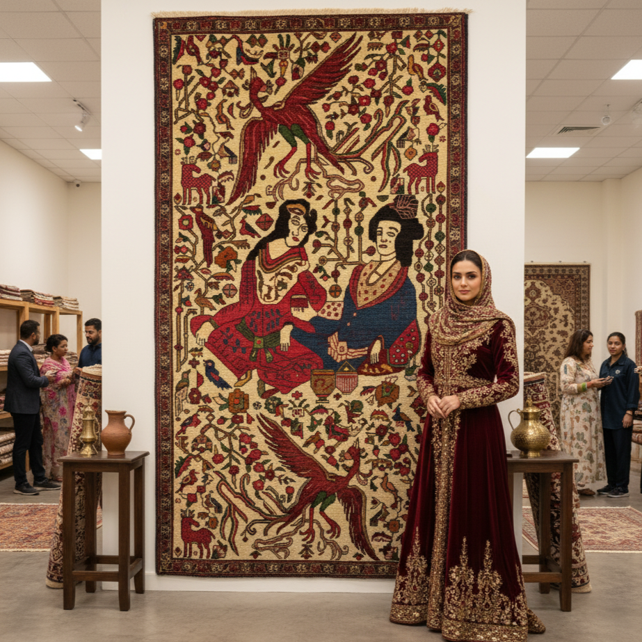 Handmade Afghan Wool Rug – Pictorial Design of Birds & Figures – 3ft x 4.5ft – Luxurious and Artistic