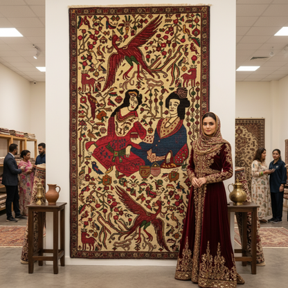 Handmade Afghan Wool Rug – Pictorial Design of Birds & Figures – 3ft x 4.5ft – Luxurious and Artistic