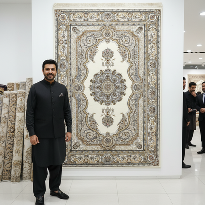 5ft x 8ft Persian Rug - Miniature - 1500 Reeds - Premium Silk - Ivory & Gold | Machine-Made Excellence