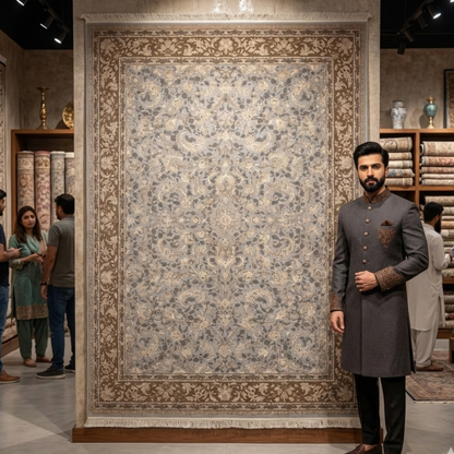 10 ft x 13 ft Persian Rug – Beheshti Tabraiz Collection, Silk, Beige & Grey