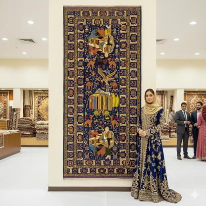 Exquisite Afghan Handmade Shikargah Rug – 4 ft x 7.5 ft – Vibrant Hunting Scene with Figures & Nature – Premium Wool, Traditional Afghan Craftsmanship