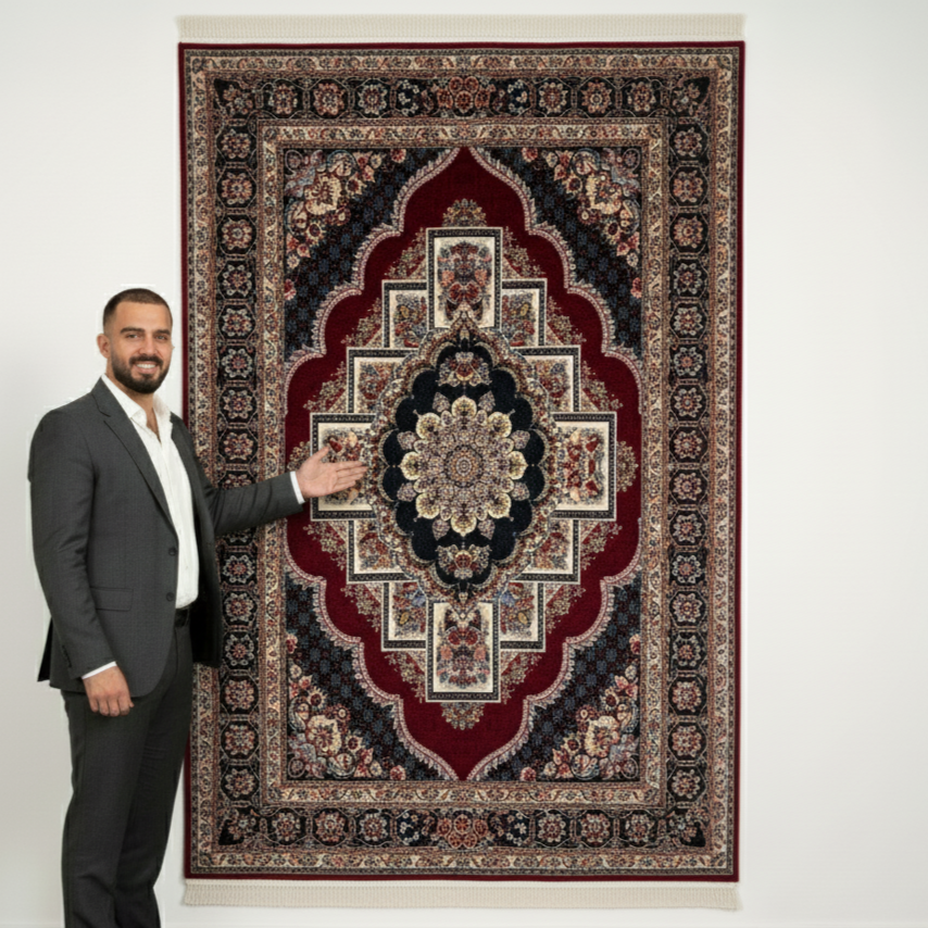 7ft x 10ft Persian Rug - Farsh e Nagin Chaman - 1000 Reeds - Rich Red & Black Color