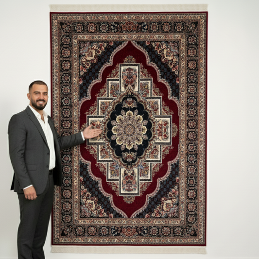 7ft x 10ft Persian Rug - Farsh e Nagin Chaman - 1000 Reeds - Rich Red & Black Color