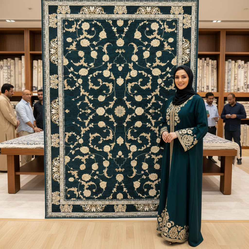 Luxurious Persian Rug 5ft x 8ft - Farsh Nagin Chaman Design in Navy & Gold - 1200 Reeds Acrylic Rug