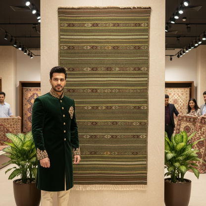 Handmade Green Striped Kilim Rug - 3ft x 5ft