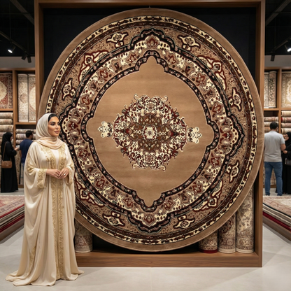 Luxurious Turkish Round Rug 5ft x 5ft - Royal Design in Beige & Burgundy - Premium Machine-Made Polyester Rug from Turkey