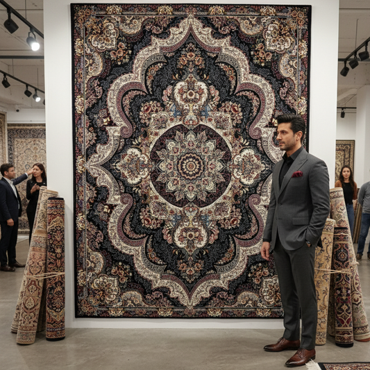 7ft x 10ft Persian Rug - Farsh e Nagin Chaman - 1000 Reeds, Elegant Black and Red Design, Premium Quality