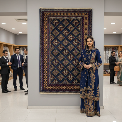 4 ft x 6 ft Afghan Handmade Wool Rug - Zakani Tribal Baluch Design, Deep Blues & Rich Gold Accents