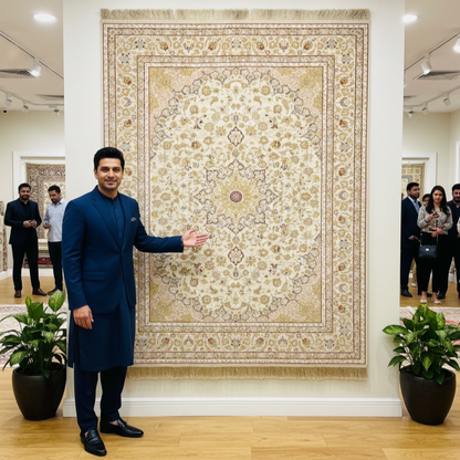 8x11 ft Persian Rug - Beheshti Tabraiz Collection - Beige Silk Luxury Machine-Made