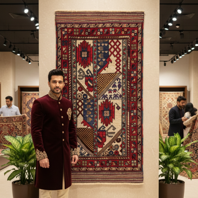 Handmade Gul Barjasta Afghan Wool Rug (3 ft x 5 ft) - Red, Blue, Brown, and Cream with Floral and Geometric Motifs