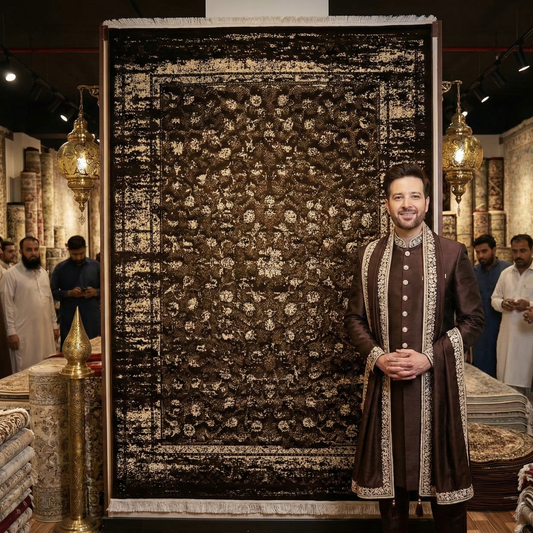 Elegant 7 ft x 10 ft Persian Silky Taymaz Area Rug - Dark Brown and White Luxury