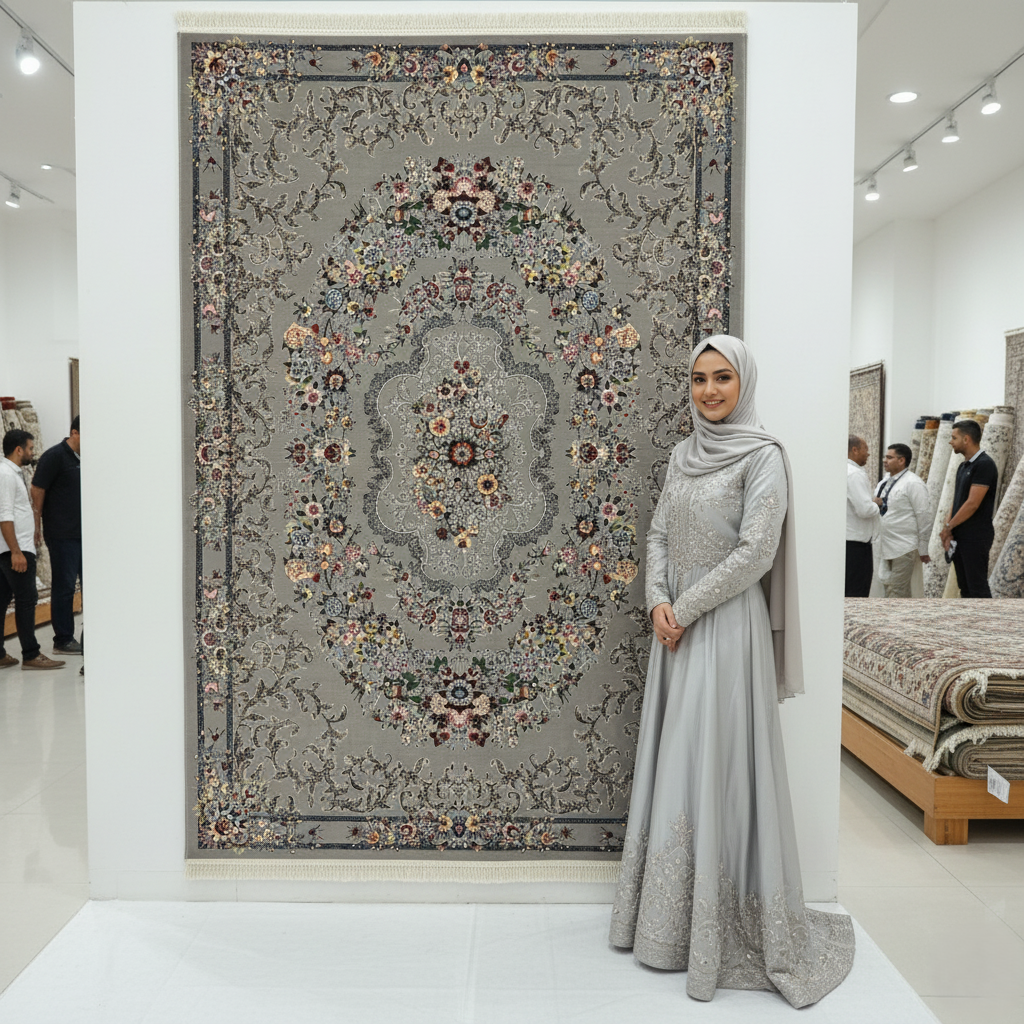 Elegant Gray Persian Rug 7 ft x 10 ft - 1000 Reeds - Farsh Nagin Chaman - Floral Medallion Design for Luxurious Homes