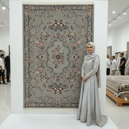 Elegant Gray Persian Rug 7 ft x 10 ft - 1000 Reeds - Farsh Nagin Chaman - Floral Medallion Design for Luxurious Homes