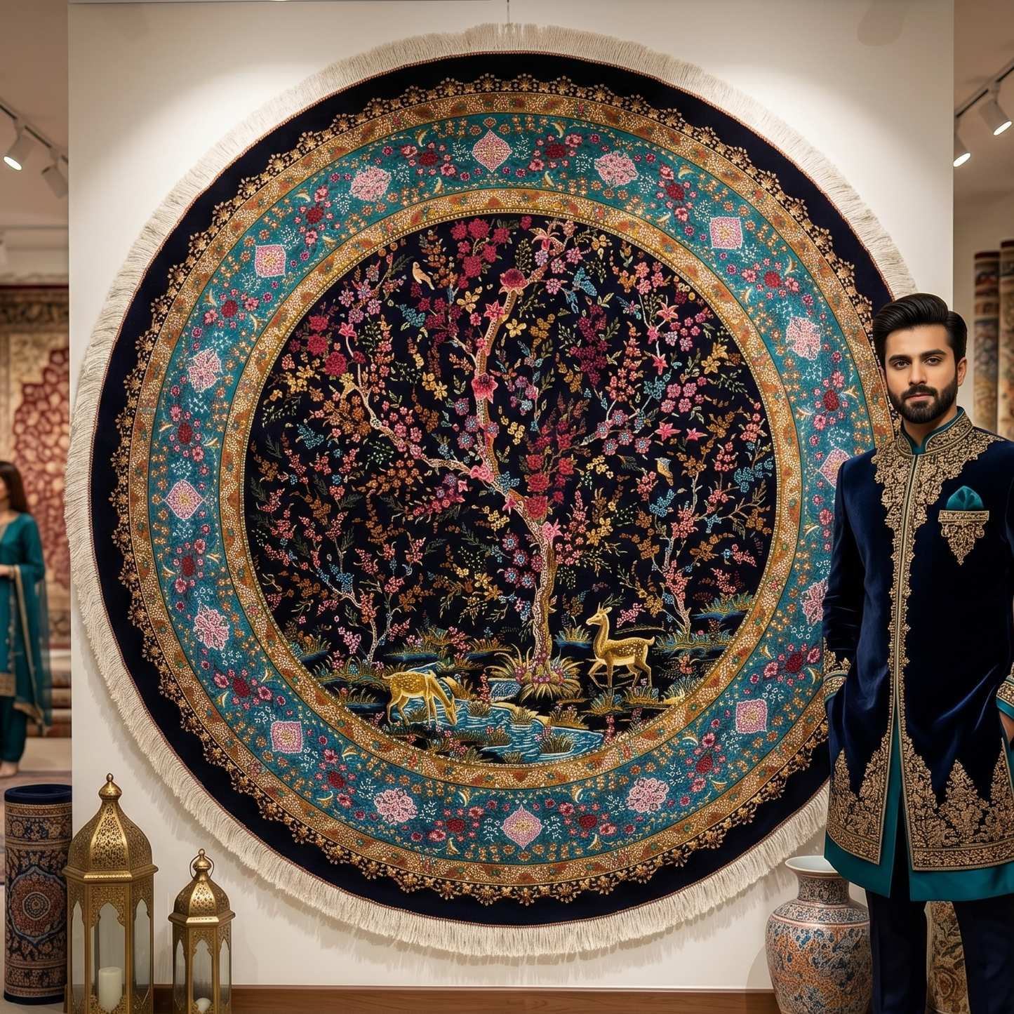 Persian Silk Round Rug 6.5 ft x 6.5 ft | Tree of Life Floral 1600 Reed