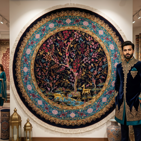 Persian Silk Round Rug 6.5 ft x 6.5 ft | Tree of Life Floral 1600 Reed