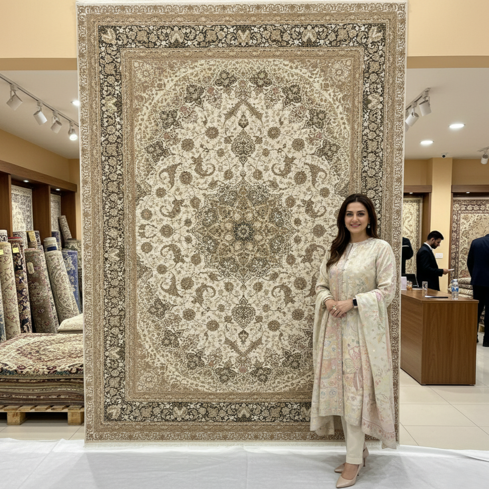 8x11 ft Persian Rug - Beheshti Tabraiz Collection - Olive Beige Silk Luxury Machine-Made