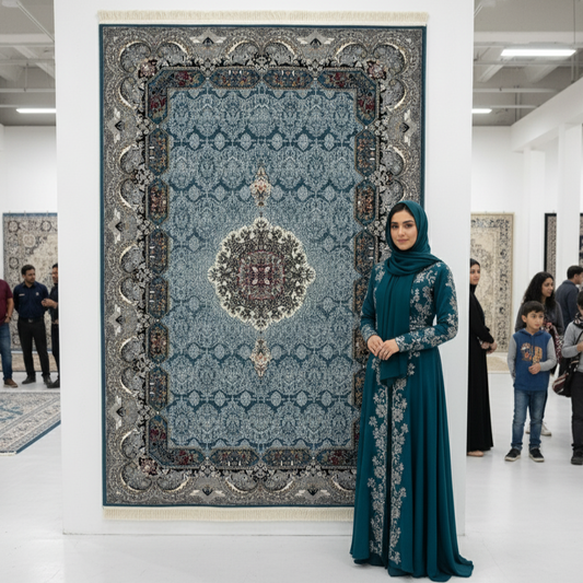 Luxurious Blue Persian Rug 7 ft x 10 ft - 1000 Reeds - Farsh Nagin Chaman - Premium Acrylic Machine Made Rug