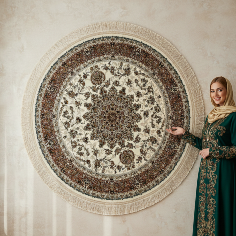 3 ft x 3 ft Persian Round Rug - Miniature by Pars Nagsh Kashan - 1500 Reeds - Elegant Ivory Design