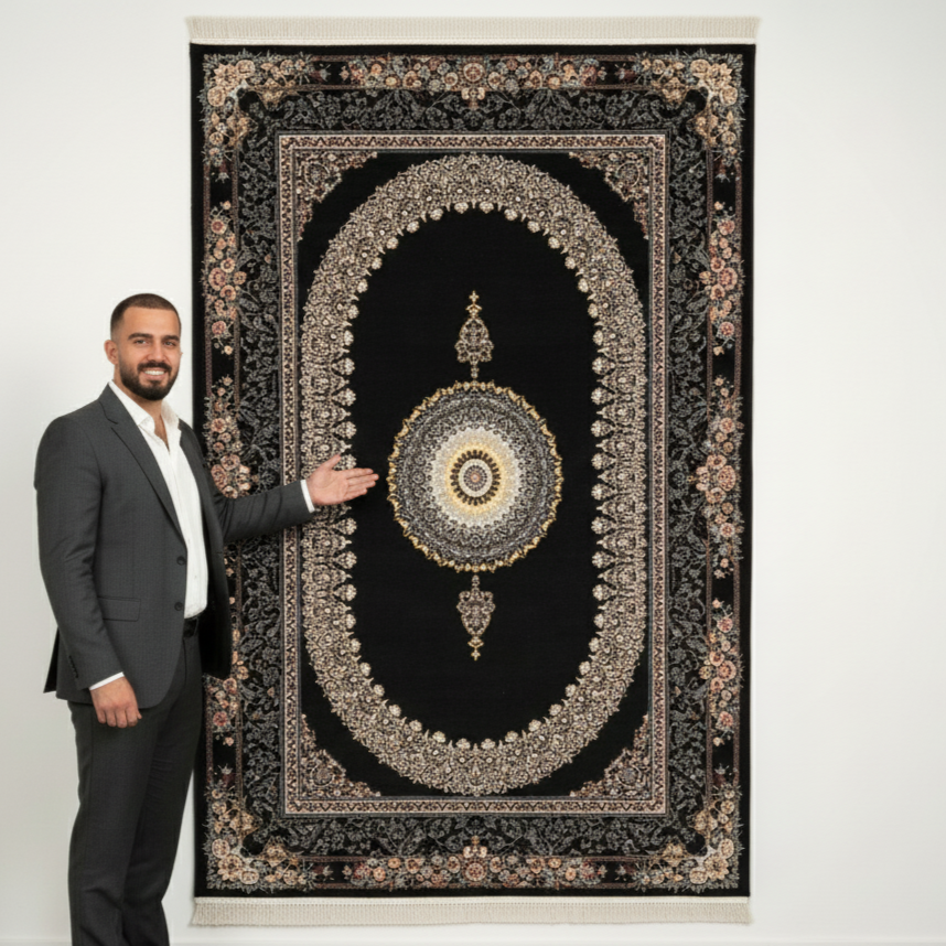 7ft x 10ft Persian Rug - Farsh e Nagin Chaman - 1000 Reeds - Classic Black & Gold Design