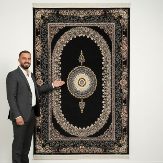 7ft x 10ft Persian Rug - Farsh e Nagin Chaman - 1000 Reeds - Classic Black & Gold Design