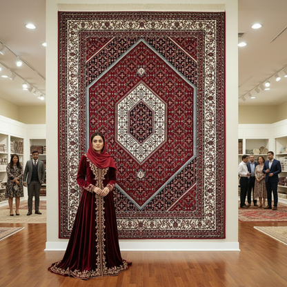 Elegant Persian 5 ft x 8 ft Red Hexagon Design Rug - 1000 Reeds - Farsh Nagin Chaman Acrylic Machine Made