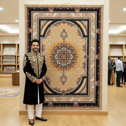 Elegant Persian 5 ft x 8 ft Beige & Black Rug - 1000 Reeds - Farsh Nagin Chaman - Machine Made Acrylic