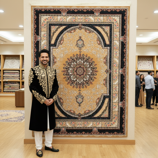 Elegant Persian 5 ft x 8 ft Beige & Black Rug - 1000 Reeds - Farsh Nagin Chaman - Machine Made Acrylic