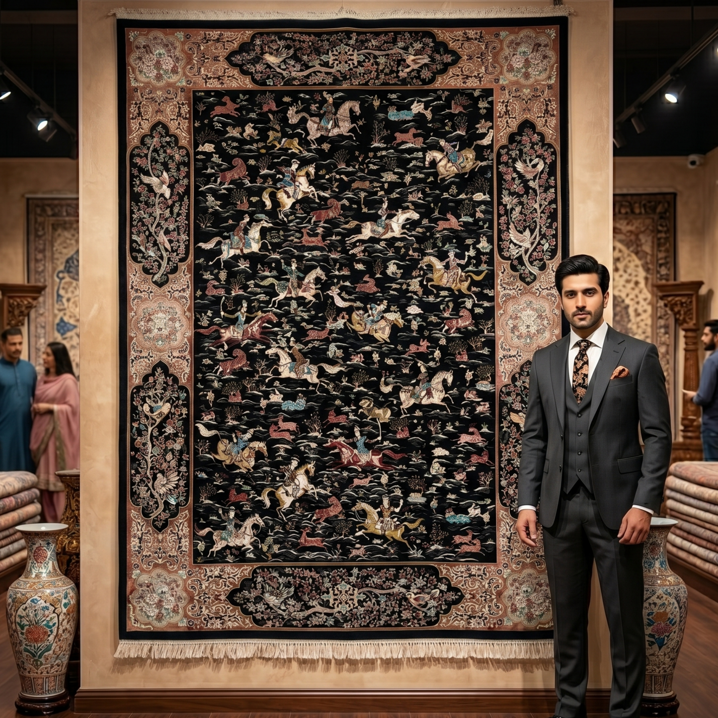 Persian Hunting Silk Rug 8 ft x 11 ft | Pure Silk Abresham 1600 Reed