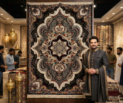 Luxurious 10 ft x 13 ft Persian 500 Reeds Area Rug - Nastaran Gol Bidgol 2 - Black and Multi Colors