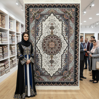 Elegant Ivory & Black Persian Rug 5 ft x 8 ft - 1000 Reeds - Farsh Nagin Chaman - Machine Made Acrylic