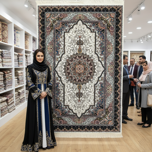 Elegant Ivory & Black Persian Rug 5 ft x 8 ft - 1000 Reeds - Farsh Nagin Chaman - Machine Made Acrylic