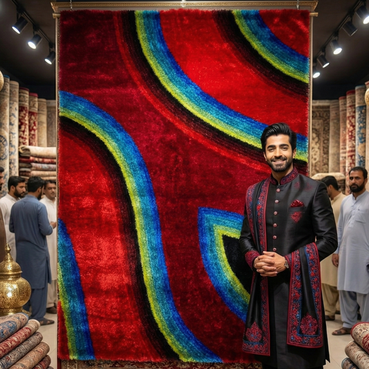 Vibrant 6 ft x 9 ft Shaggy Chinese Area Rug - Bold Red Wine with Multi-Color Accents