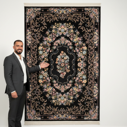 7ft x 10ft Persian Rug - Farsh e Nagin Chaman - 1000 Reeds - Floral Black Elegance