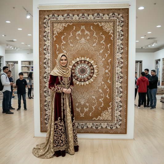 Golden Beige Persian Rug 5 ft x 8 ft - 1000 Reeds - Farsh Nagin Chaman - Luxurious Machine Made Acrylic