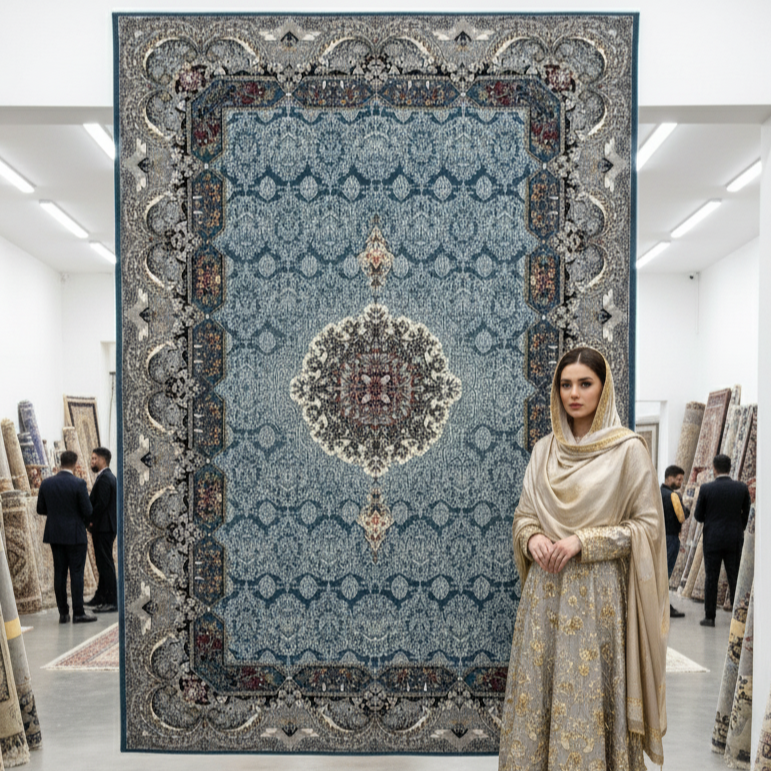 7ft x 10ft Persian Rug - Farsh e Nagin Chaman - 1000 Reeds - Blue, Luxurious Design