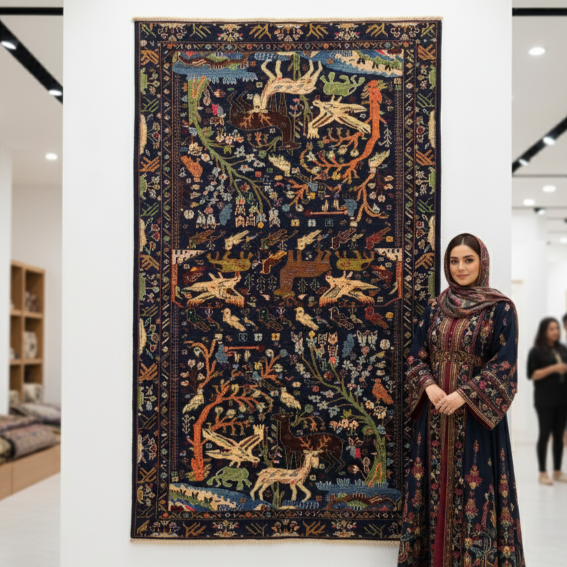 Luxurious Afghan Handmade Shikargah Rug – 4.5 ft x 8.5 ft – Exquisite Hunting Scene Design in Rich Blues & Earthy Tones – Authentic Wool, Premium Quality