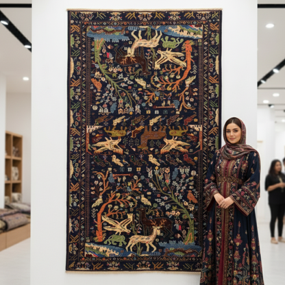 Luxurious Afghan Handmade Shikargah Rug – 4.5 ft x 8.5 ft – Exquisite Hunting Scene Design in Rich Blues & Earthy Tones – Authentic Wool, Premium Quality