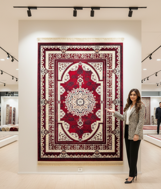 4x6 ft Turkish Rug - Ruby Elegance Collection - Red & Ivory Medallion Classic Design