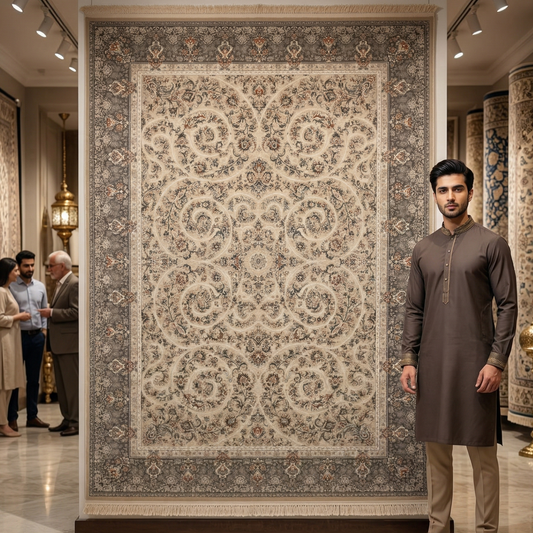 Persian Kashani Bamboo Silk Rug 8x11 ft 1500 Reeds Beige Grey Luxury Iranian Carpet